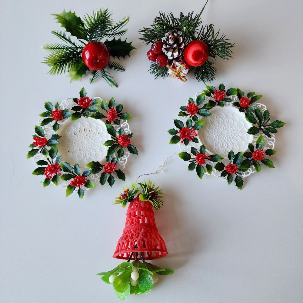 Vintage Flocked Bell Mistletoe Christmas Ornament Candle‎ Holders Decor Sprigs